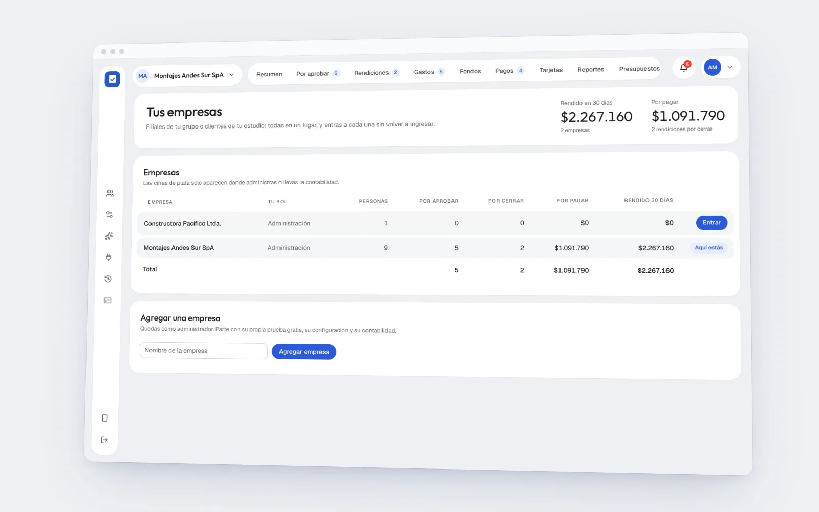 La lista de empresas de una cuenta en Simpligastos: cada empresa con su rol, lo que tiene por aprobar, por cerrar y por pagar, y el total.